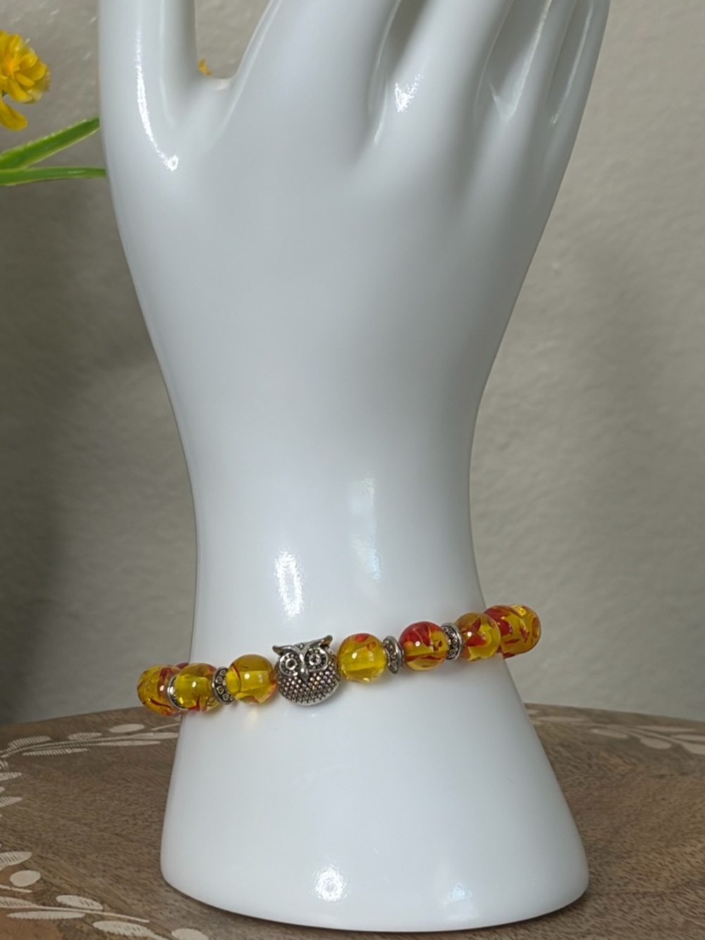 Yellow & Red Glass Beaded Owl Bracelet | Stretch Bracelet | Boho Jewelry